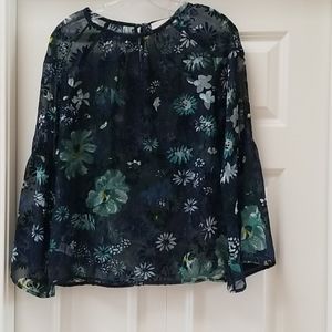 LOFT Sheer Long Sleeve Flowy Navy Floral Top
